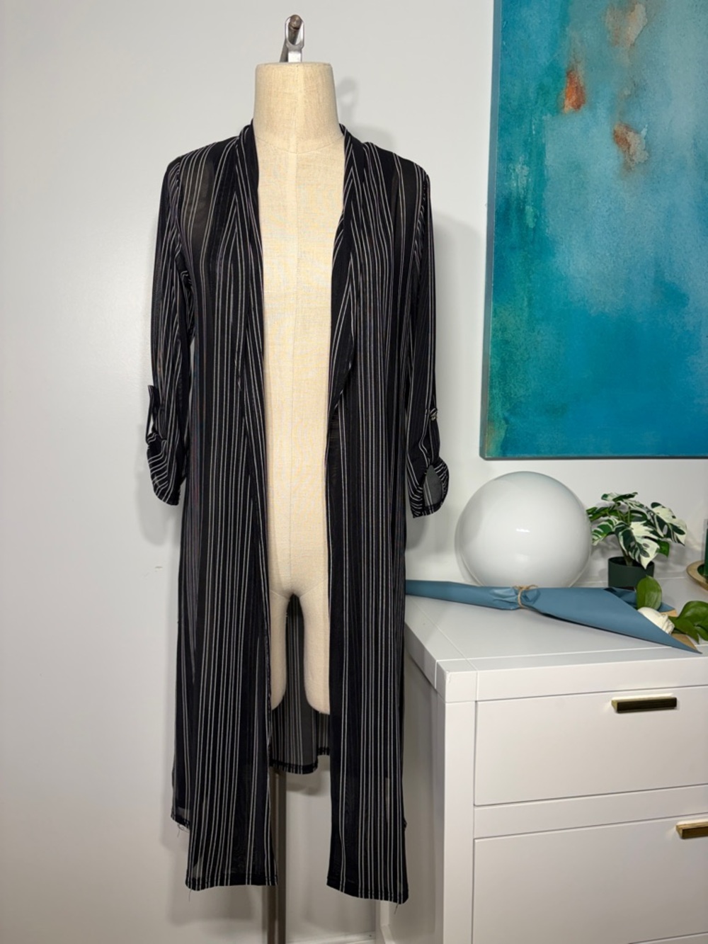 Women's Black Pinstripe Duster Cardigan